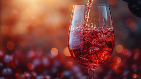 Clear glass of red wine being poured into it, creating ripples in the liquid.の素材
