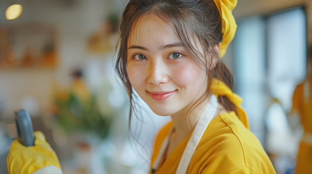 A young woman wearing a yellow vest smiles at the camera in this portrait.の素材