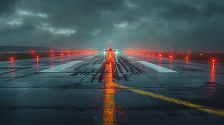 Grounded aircraft on an airport runway under a night sky filled with stars and passing aircraft.の素材