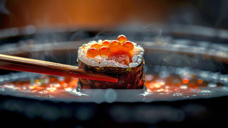 A detailed view of sushi delicately arranged on a white plate, with a pair of chopsticks ready for consumption.の素材