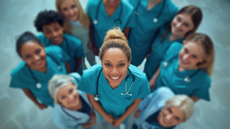A group of women wearing scrubs standing in a circle, possibly discussing patient care or collaborating on medical tasks.の素材