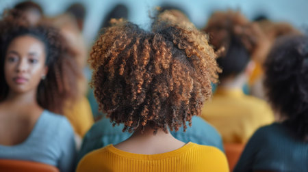 A group of diverse individuals seated in a room engaged in conversation and activities.の素材
