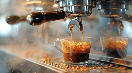 A cup being filled with dark liquid, likely coffee, from a pouring vessel, in a close-up shot.の素材