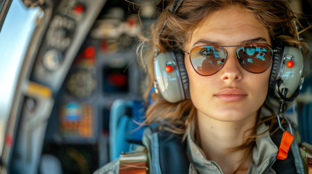 A female pilot or aviation personnel wearing headphones is seated in the cockpit of an aircraft, focused on her duties.の素材
