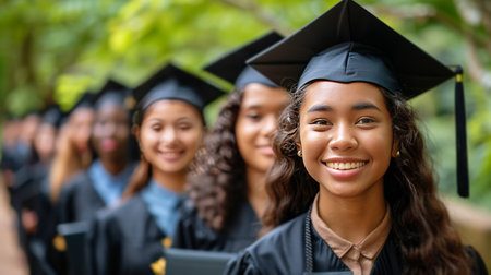 A group of women wearing graduation caps and gowns, celebrating their academic achievement.の素材