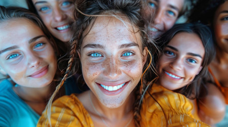 A diverse group of individuals with dreadlocks are smiling and posing for a selfie together.の素材