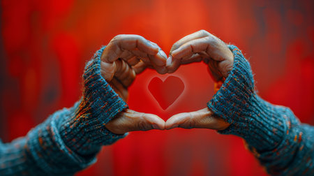 A pair of womans hands gently holding a bright red heart against a matching red background.の素材