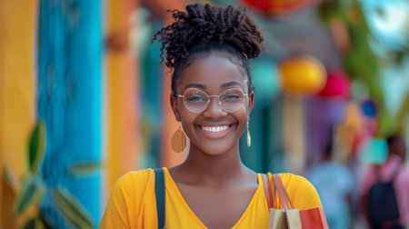 A woman wearing a yellow shirt and hat is holding a purple bag outdoors.の素材