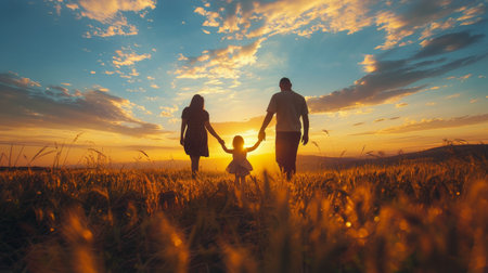 A group of individuals standing together atop a field covered in lush green grass.の素材