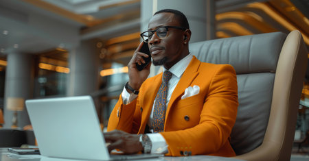 A man in a suit sitting in a chair while engaged in a phone conversation.の素材