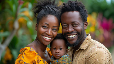 A man and a woman with beaming smiles holding a newborn baby in their arms.の素材