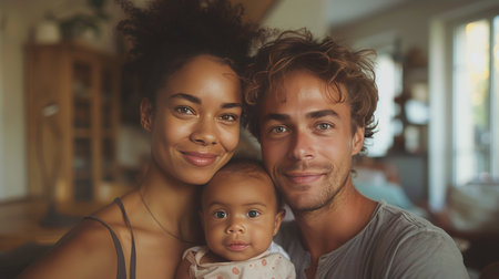 A man and woman are holding a baby in their arms, standing together.の素材