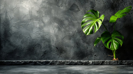 A single large green leaf stands out against a vibrant blue background.の素材