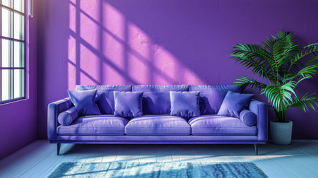A living room featuring a purple couch with potted plants around it.の素材