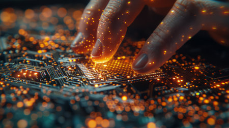 A person is touching a circuit board with their hands, inspecting the electrical components closely.の素材