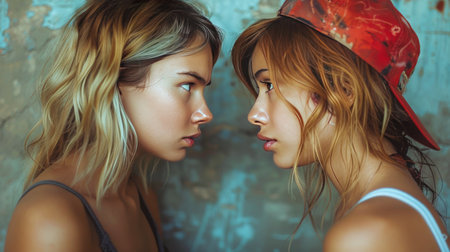 Two young women are standing in front of a brick wall, facing each other.の素材