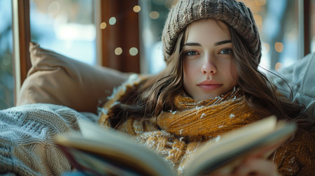A woman is seated on a bed, engrossed in reading a book.の素材