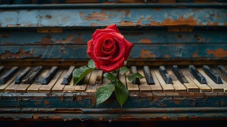 A vibrant red rose delicately placed on the glossy surface of a grand piano, creating a striking contrast against the black and white keys.の素材
