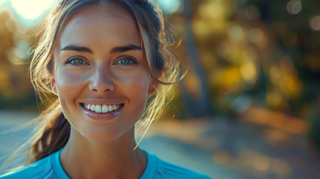 A woman wearing an orange tank top smiles directly at the camera.の素材