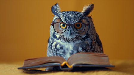 An owl with glasses on its beak, deeply engrossed in reading a book.の素材