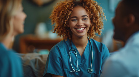 A woman and a man in scrubs engaged in a conversation, likely discussing medical procedures or patient cases in a hospital setting.の素材