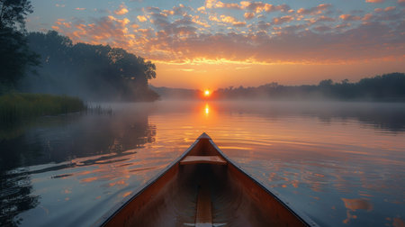 A boat navigates through a river as the sun sets in the background, casting a warm glow on the water.の素材