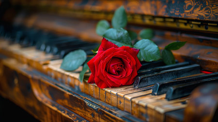 A vibrant red rose delicately placed on the glossy surface of a grand piano, creating a striking contrast against the black and white keys.の素材