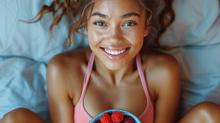 A woman in a straw hat smiles happily.の素材