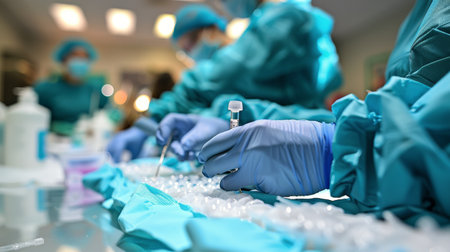 A group of individuals wearing blue gloves and gowns, possibly in a medical or laboratory setting.の素材