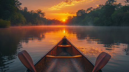 A boat navigates through a river as the sun sets in the background, casting a warm glow on the water.の素材