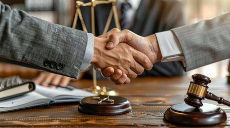 Two individuals are shaking hands in front of a symbol of justice, the scale, representing agreement or resolution.の素材