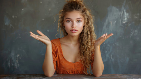 A woman sitting at a table with her hands in the air, showing an expression of surprise or excitement.の素材