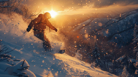 A man skillfully snowboards down a steep slope covered in fresh snow, leaving a trail of powder behind him.の素材