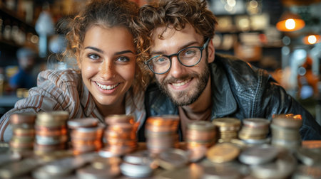 A man and a woman are standing next to several stacks of coins, symbolizing financial success and wealth accumulation.の素材