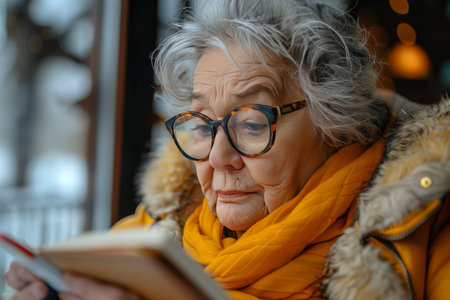 An elderly woman with glasses engrossed in reading a book.の素材