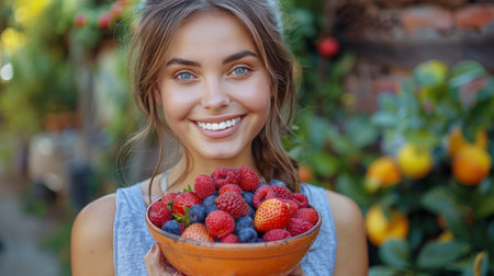 A woman in a straw hat smiles happily.の素材