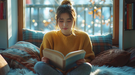 A woman is seated on a bed, engrossed in reading a book.の素材