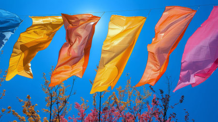 A collection of vibrant flags hanging from a tree, creating a festive and decorative display in an outdoor setting.の素材