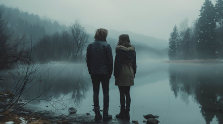 Two individuals with backpacks standing by a mountain lake, gazing at its beauty.の素材