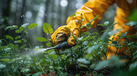 A man in a white suit spraying pesticide on a plant to protect it from pests and diseases.の素材