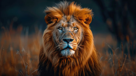 Detailed close-up of the fierce expression of a lions face against a black background.の素材