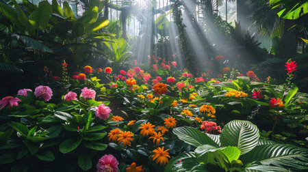 A vibrant field filled with colorful flowers bathing in sunlight peeking through the trees in the background.の素材