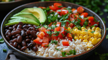A bowl filled with a colorful mix of rice, beans, ripe avocado slices, and juicy tomatoes.の素材