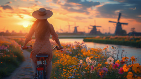 A woman joyfully rides her bike through a vibrant field of blooming flowers on a sunny day.の素材