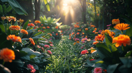 A vibrant field filled with colorful flowers bathing in sunlight peeking through the trees in the background.の素材