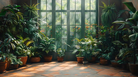 A room abundant with various potted plants arranged in rows along the walls and on shelves, creating a lush green environment.の素材
