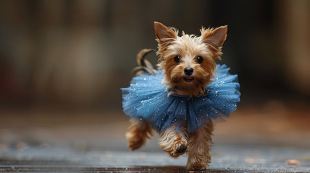 A small dog wearing a blue dress, looking cute and stylish.の素材