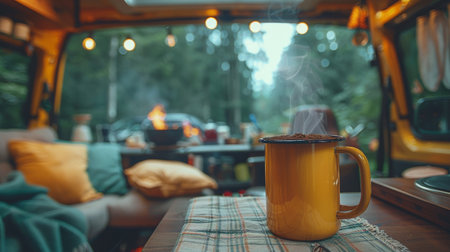 A coffee cup is placed on top of a wooden table, creating a simple and classic scene.の素材