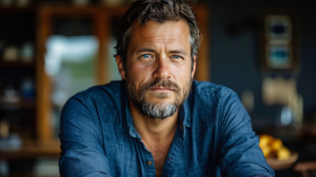 A man with a beard wearing a blue shirt.の素材