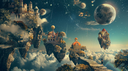 A large floating island among the clouds in the sky, creating a surreal and fantastical scene.の素材